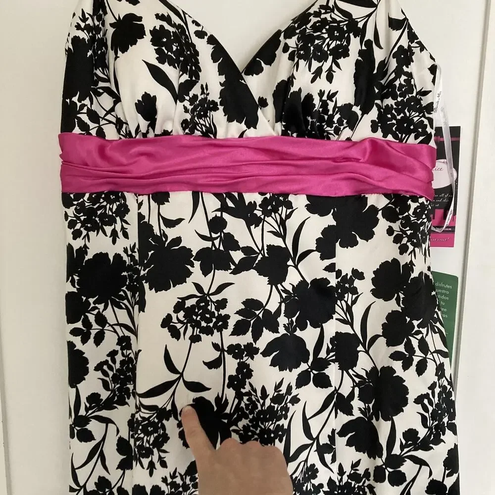 Y2K‎ Maxi Dress Formal 10 Satin Black White Pink Floral Prom Kentucky Derby